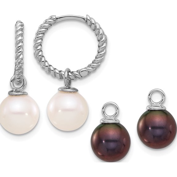 14K White Gold 7-8Mm Black & Fwc Pearl Dangle Hoop Earrings (Width 8) (Length 23) - Jbsp