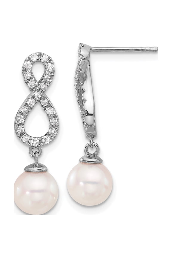 14K White Gold 7-8mm White Round Akoya Saltwater Cultured Pearl and .40 Carat Diamond Infinity Post Dangle Earrings