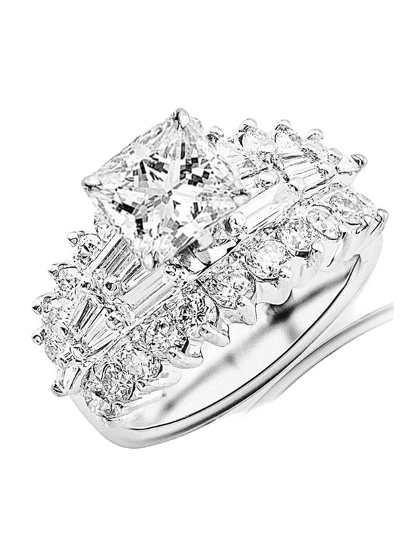 14K White Gold 7 Carat LAB GROWN DIAMOND Exquisite Prong Set Bageutte And Round Princess Cut Diamond Engagement Ring (G-H Color VS1-VS2 Clarity 5 Ct Center)