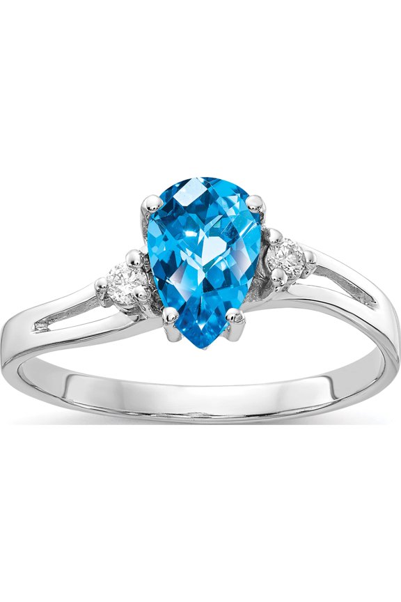 14K White Gold 7X5mm Pear Blue Topaz Checker Aa Diamond Ring (Size 6) Made In United States y4626bc/aa