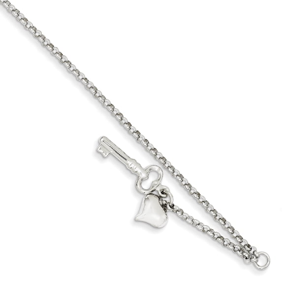 14K White Gold Adjustable Polished Puffed Heart & Key Anklet