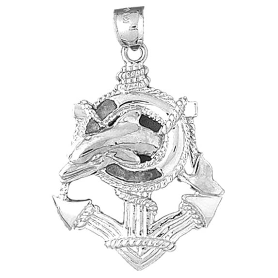 14K White Gold Anchor And Dolphin Pendant - 47 mm