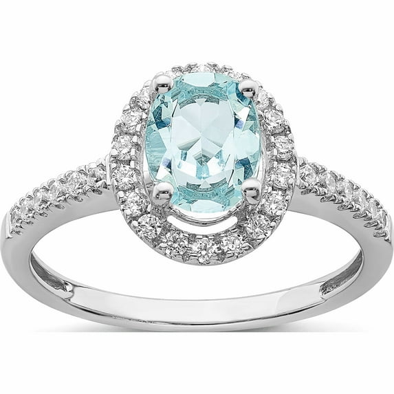 14K White Gold Aquamarine Diamond Halo Engagement Ring (Size 7) Made In India -Jewelry By Sweet Pea