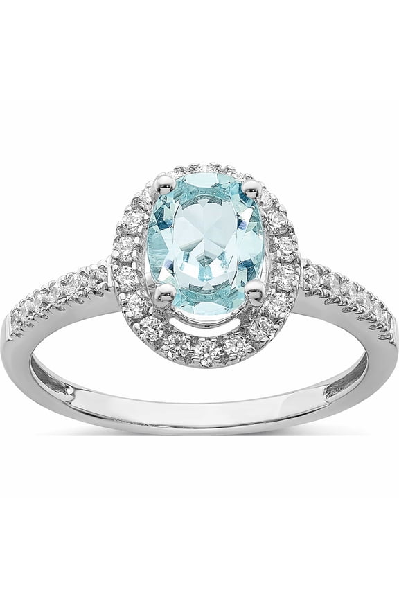 14K White Gold Aquamarine Diamond Halo Engagement Ring (Size 7) Made In India -Jewelry By Sweet Pea
