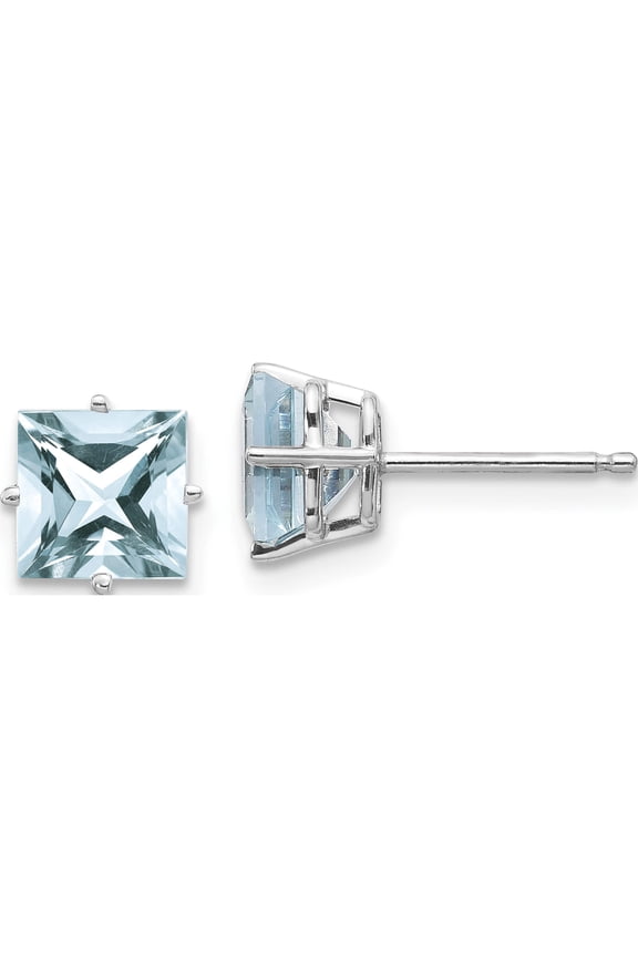 14K White Gold 5mm Princess Aquamarine Post Earrings