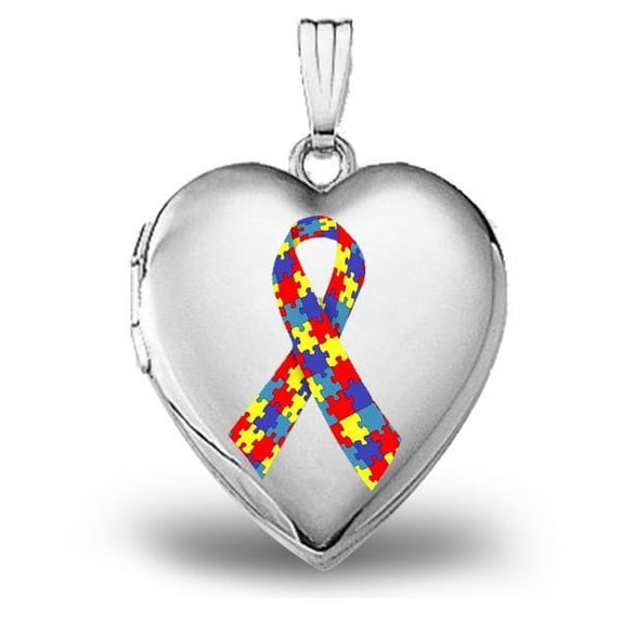 14K White Gold "Autsim Awareness" Heart Locket - 3/4 Inch X 3/4 Inch in Solid 14K White Gold