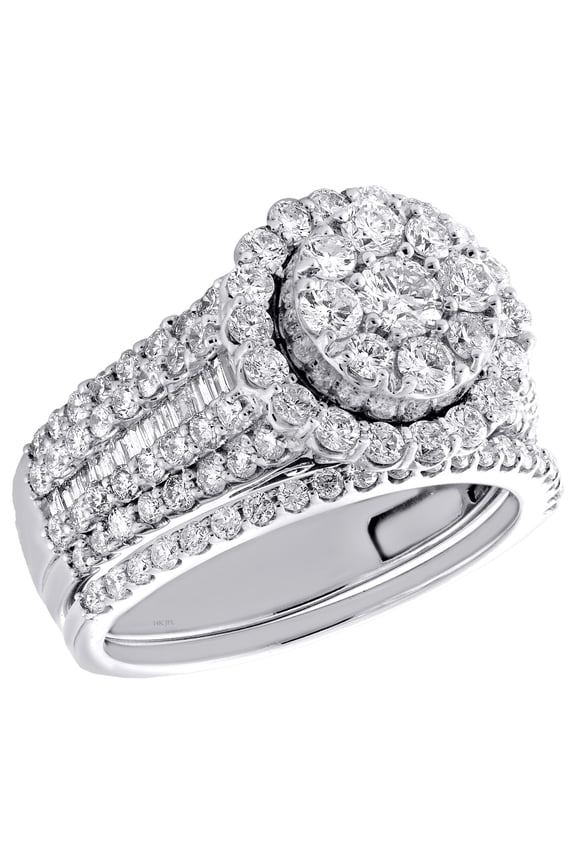 14K White Gold Baguette Diamond Flower Halo Bridal Set Engagement Ring 2 TCW