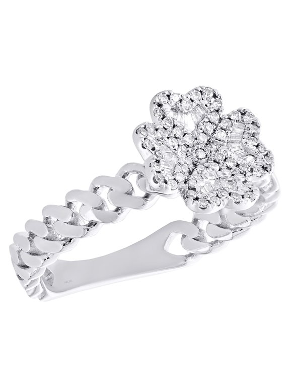 14K White Gold Baguette Diamond Good Luck 4 Leaf Clover Statement Ring 1/4 CT