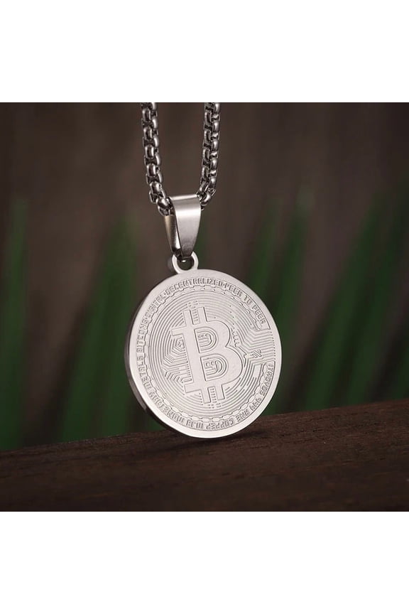 14K White Gold Bitcoin Coin Pendant Collectible Art Necklace for Men Fashion Charm Jewelry Birthday Gift