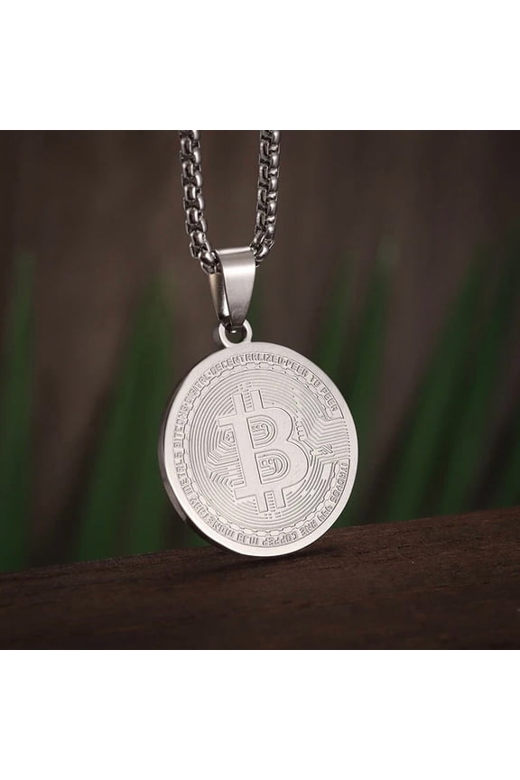 14K White Gold Bitcoin Coin Pendant Collectible Art Necklace for Men Fashion Charm Jewelry Birthday Gift