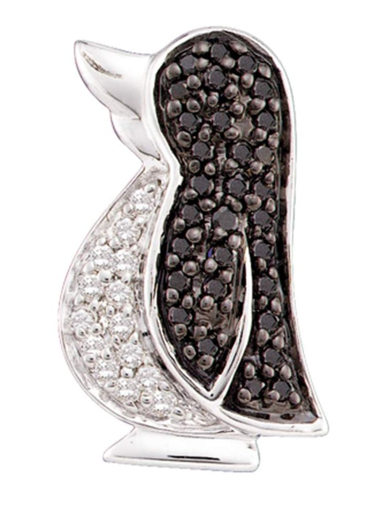 14K White Gold Black Diamond Penguin Necklace Pendant 1/4 Ctw