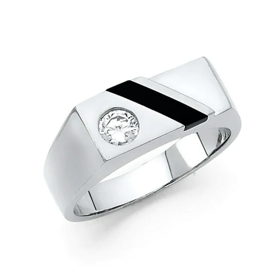 14K White Gold Black Onyx oblique set Cz 8 mm wide Step Men’s Ring (RS 12)