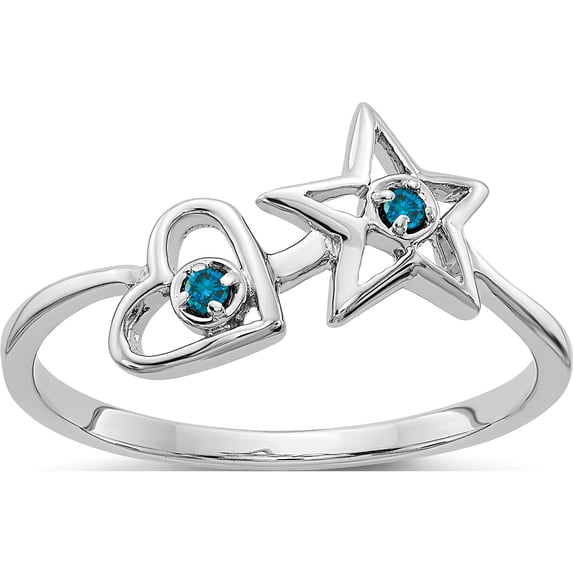 14K White Gold Blue Diamond Heart And Star Ring (Size 6.75) Made In India rm5713-bd-003-wa
