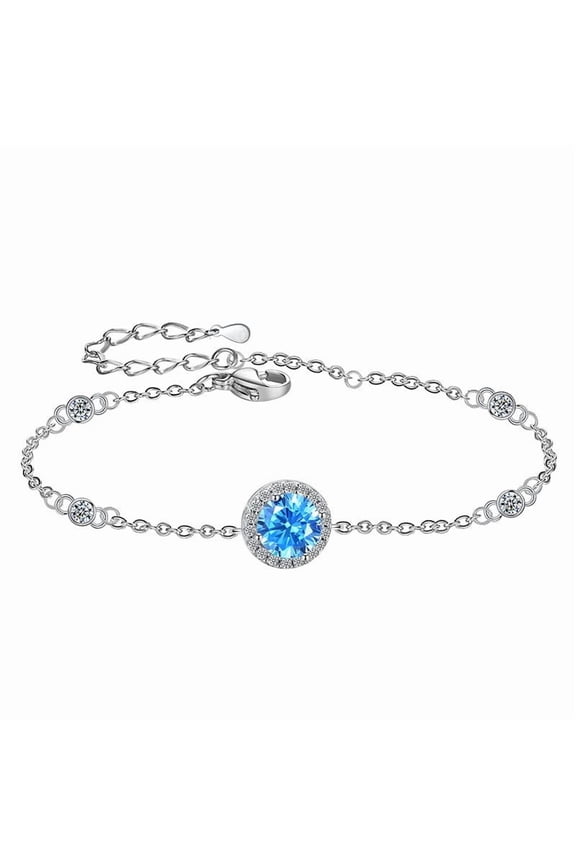 14K White Gold Blue Moissanite Bracelet for Women,Dainty Solitaire Stone Design Bracelet with Round Halo Chain,Fashion Jewelry Gift for Her