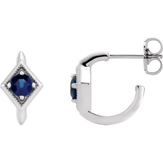 14K White Gold Blue Sapphire Geometric J-Hoop Earrings Gemstone Fashion Finished (Pair)
