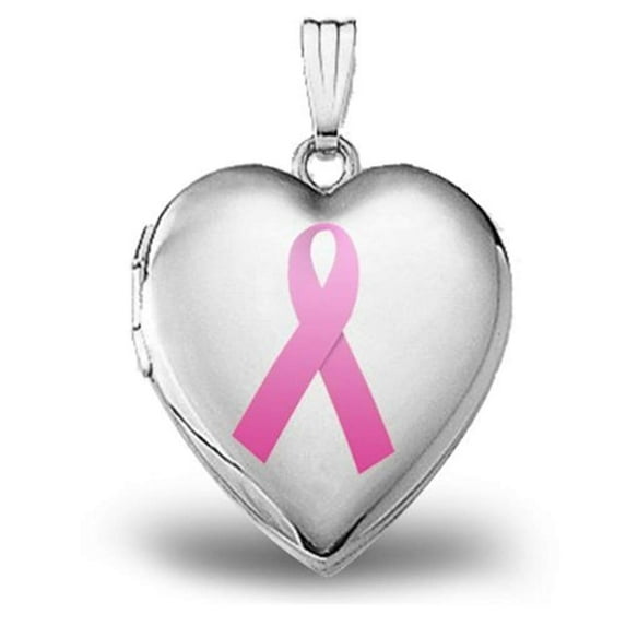 14K White Gold "Breast Cancer Awareness" Heart Locket - 3/4 Inch X 3/4 Inch in Solid 14K White Gold