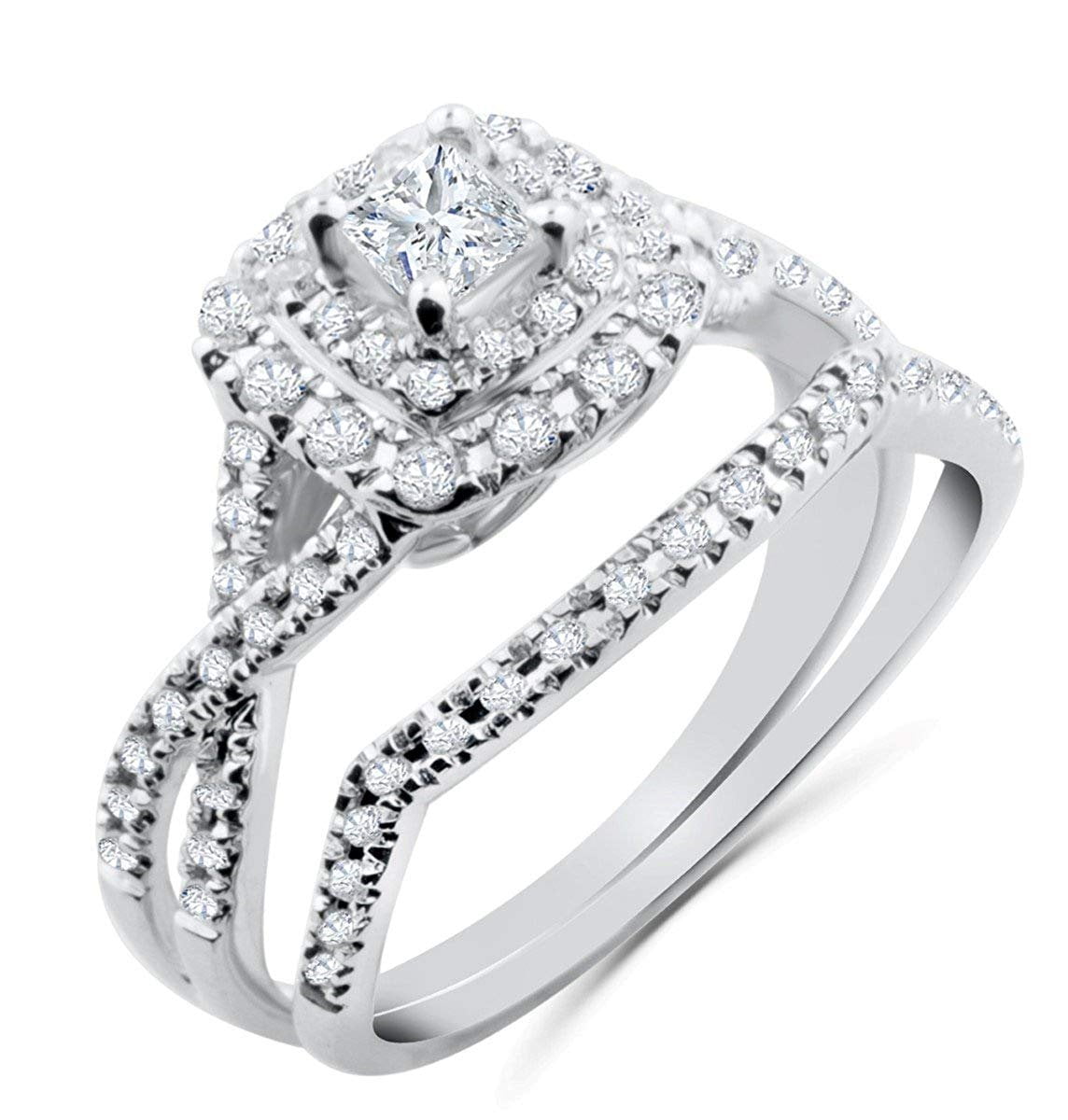 14K White Gold Bridal Set Princess Cut Diamond Solitaire Center 1/2ctw