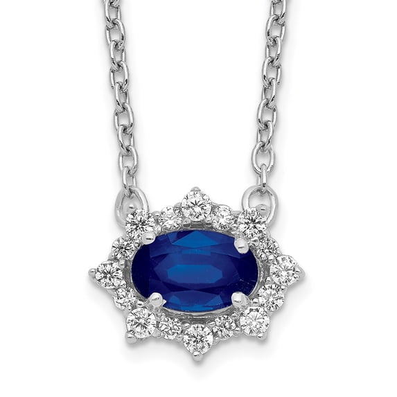 14K White Gold Cable Gemstone Necklace Chain Diamond and Oval Sapphire 18 inch 11 mm