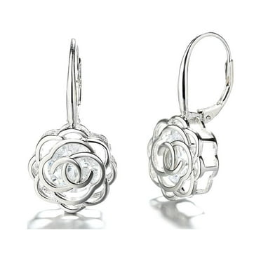 14K White Gold Caged with crystals from Swarovski Rose Lever Back Earrings