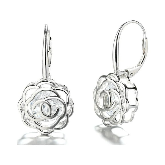 14K White Gold Plated Caged with crystals from Swarovski Rose Lever Back Earrings