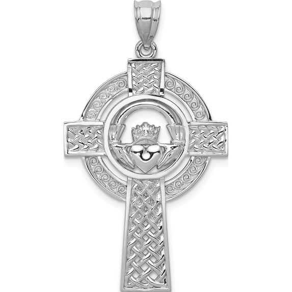 14K White Gold Celtic Claddagh Cross Pendant (40 X 22) Made In United States d1522