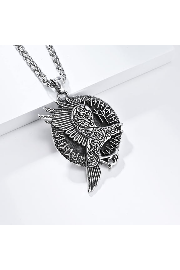 14K White Gold Celtic Raven Necklace Jewelry Odin Rune Chain Necklace for Women Men Nordic Amulet Pendant Necklace