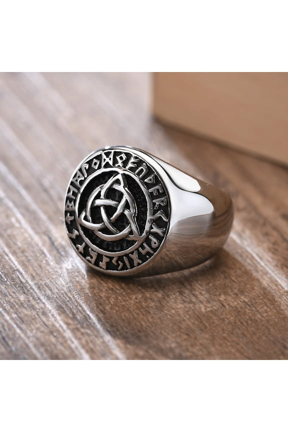 14K White Gold Celtic Triple Knot Rune Signet Ring Men Viking Jewelry