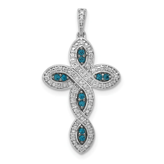14K White Gold Charm Pendant Diamond Round & Blue Cross