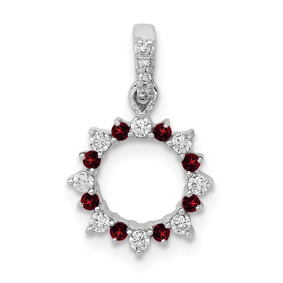 14K White Gold Charm Pendant Diamond Round Garnet Red