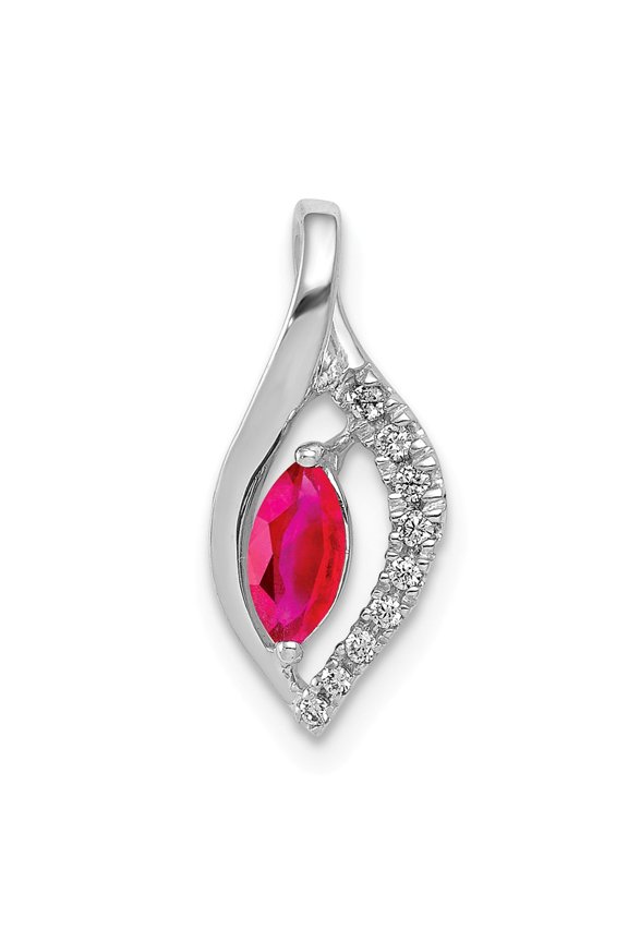14K White Gold Charm Pendant Ruby Marquise Red Diamond Round