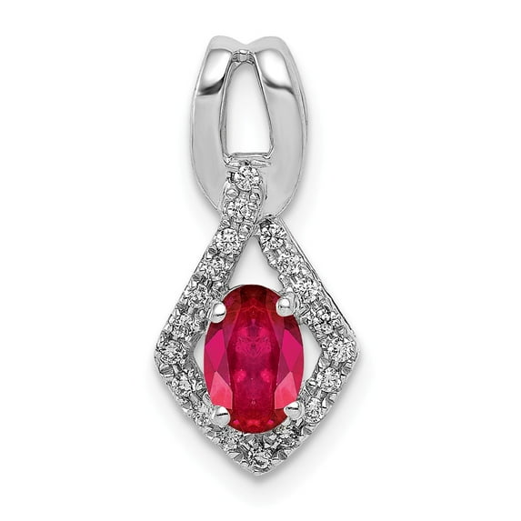 14K White Gold Charm Pendant Ruby Oval Red Diamond Round