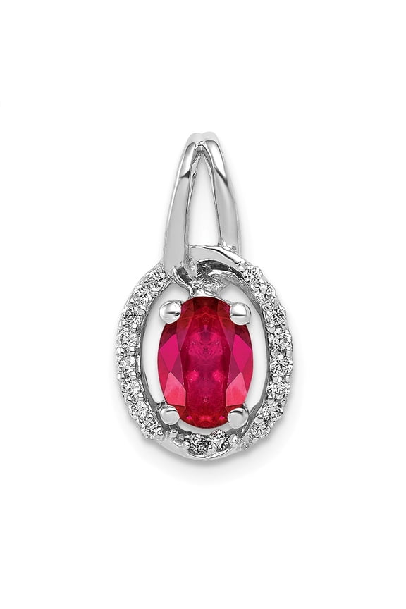 14K White Gold Charm Pendant Ruby Oval Red Diamond Round