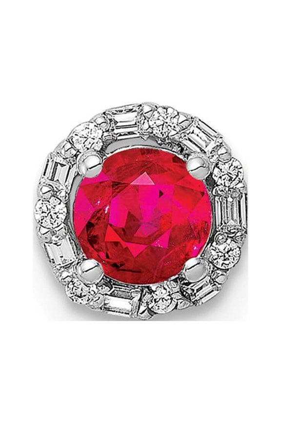 14K White Gold Charm Pendant Ruby Round Red Diamond Baguette