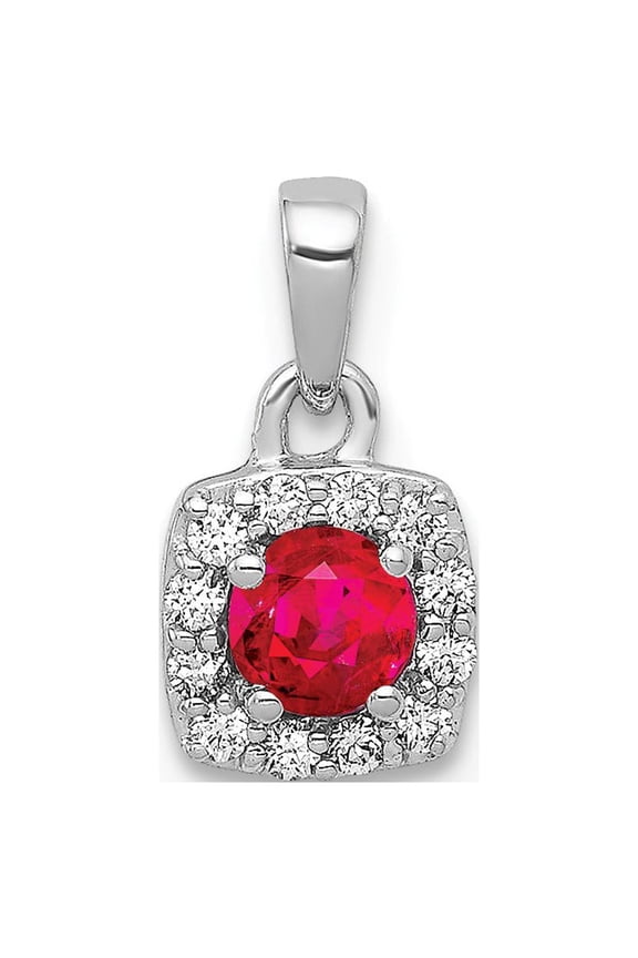 14K White Gold Charm Pendant Ruby Round Red Diamond