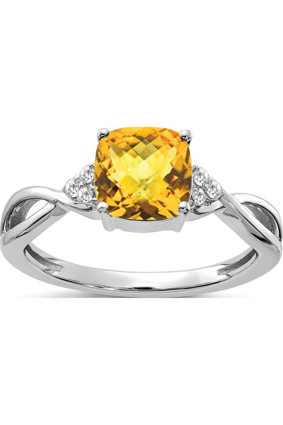 14K White Gold Checkerboard Citrine And Diamond Ringsize 7 - Jbsp