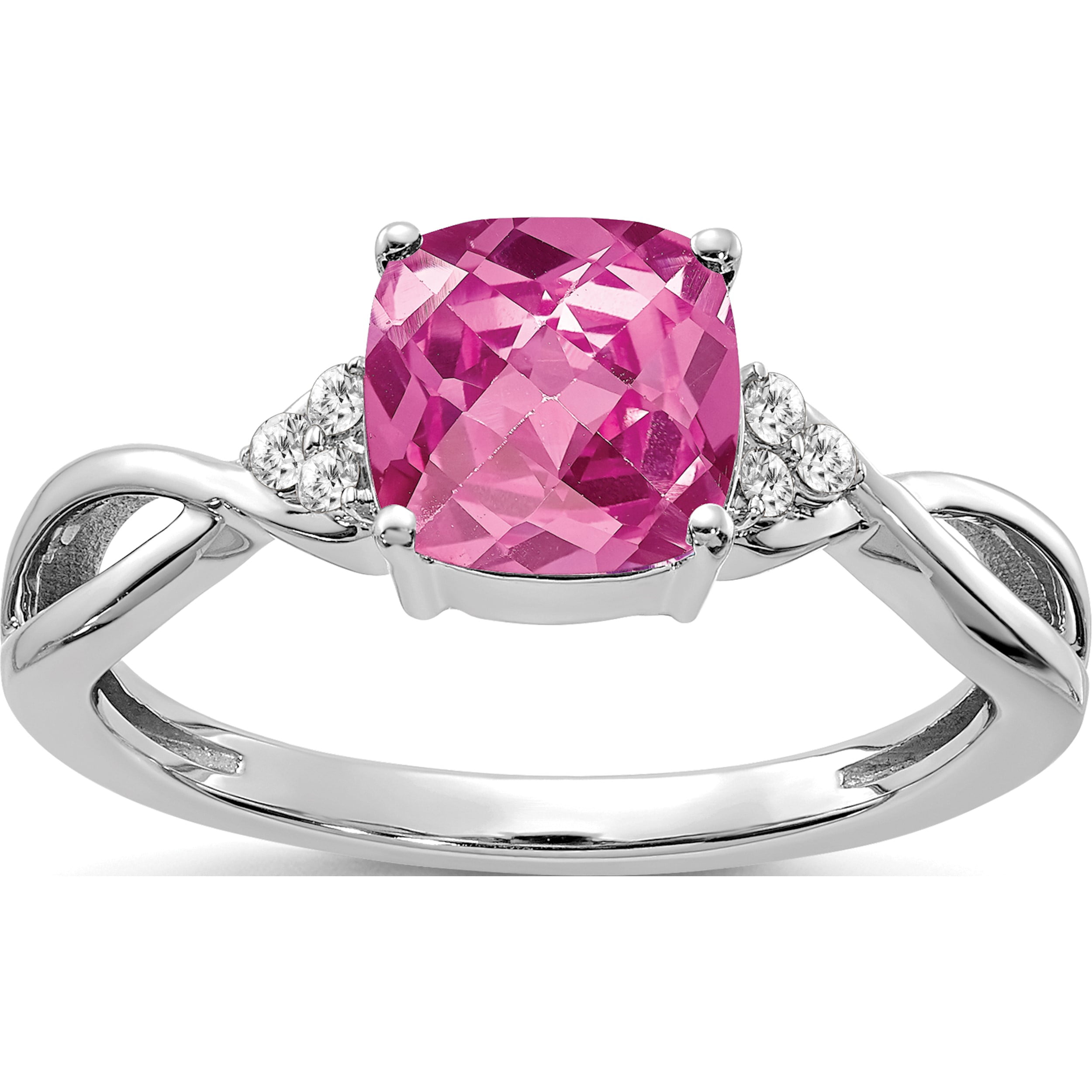 14K White Gold Checkerboard Created Pink Sapphire And Diamond