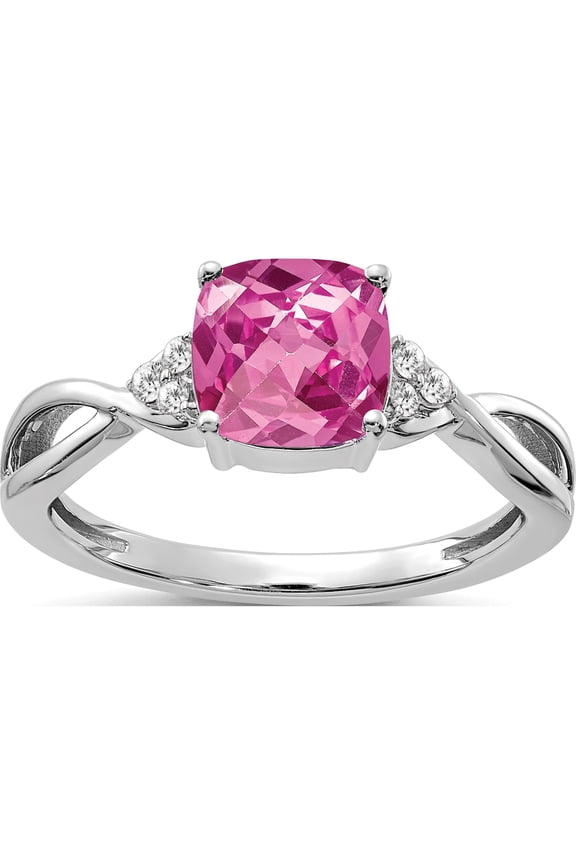 14K White Gold 7mm Cushion Checkerboard October/Lab Created Pink Sapphire and Diamond Ring