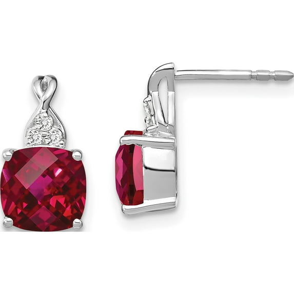14K White Gold Checkerboard Created Ruby And Diamond Earrings (Width 6.75) (Length 13) - Jbsp
