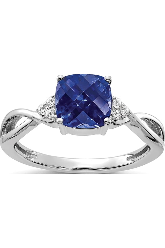 14K White Gold 7mm Cushion Checkerboard September/Lab Created Sapphire and Diamond Ring