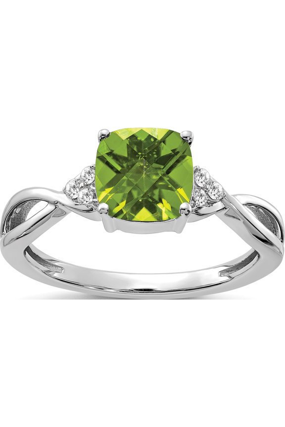 14K White Gold 7mm Cushion Checkerboard August/Peridot and Diamond Ring