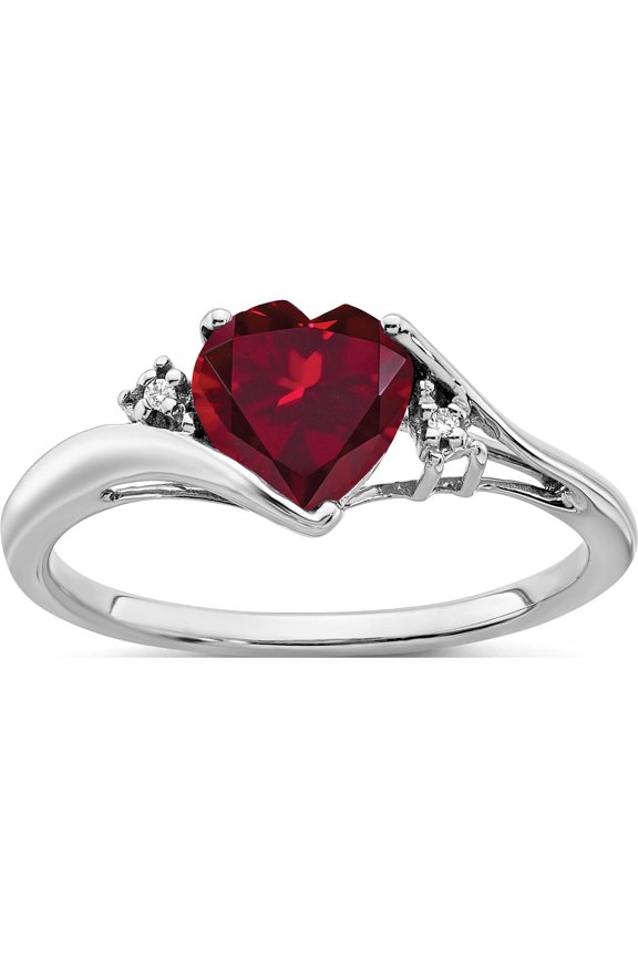 14K White Gold Created Ruby And Diamond Heart Ringsize 7 (Width 1.4 To 1.8) - Jbsp