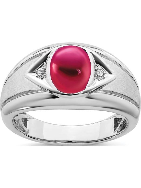 IB Goodman 14K White Gold 10x7mm Oval Lab-Created Ruby Cabochon and Diamond Mens Ring