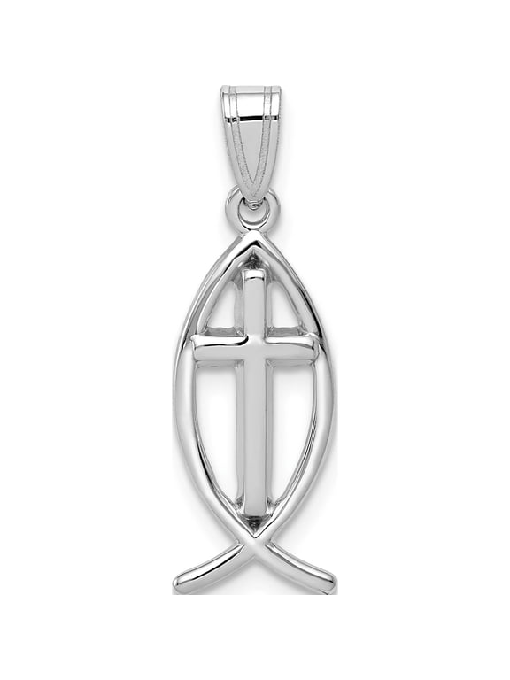 14K White Gold Cross Ichthus Fish Pendant