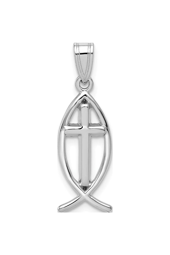 14K White Gold Cross Ichthus Fish Pendant