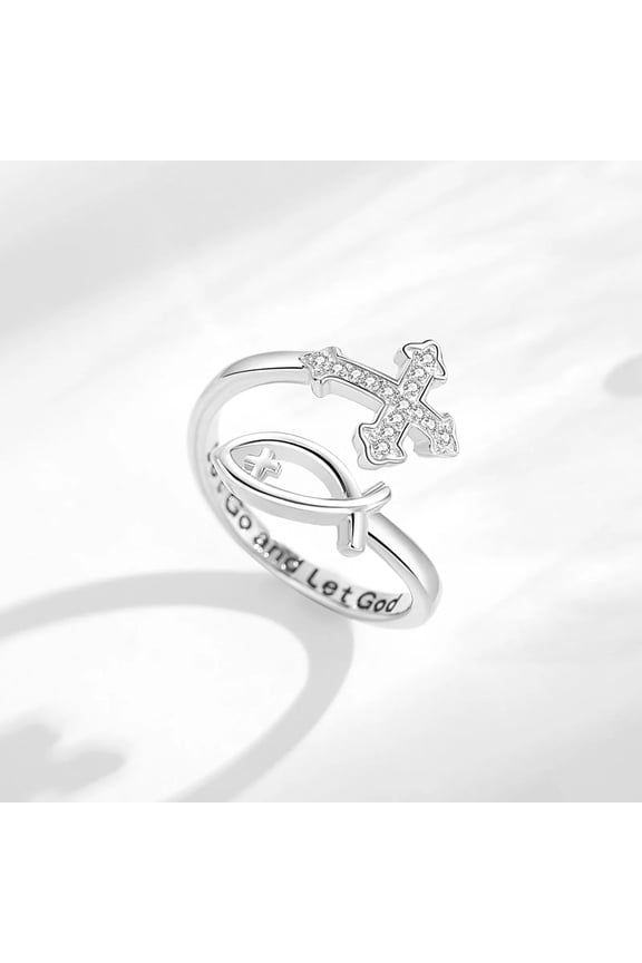 14K White Gold Cross Jesus Fish Adjustable Ring for Women Christian Blessed Cross Ichthus Ring Jewelry Gift for Mom
