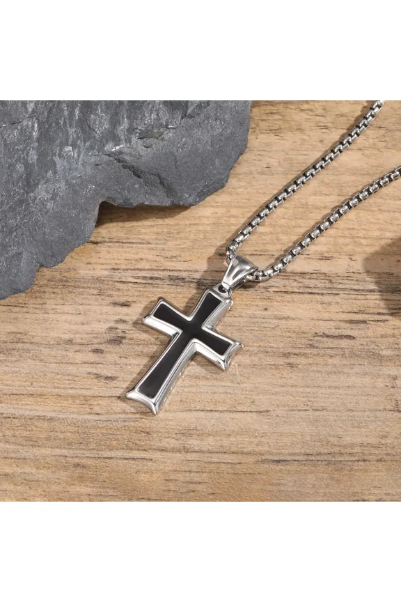 14K White Gold Cross Necklace for Men,Waterproof Black Pendant Necklace,Trendy Stylish Jewelry Gifts