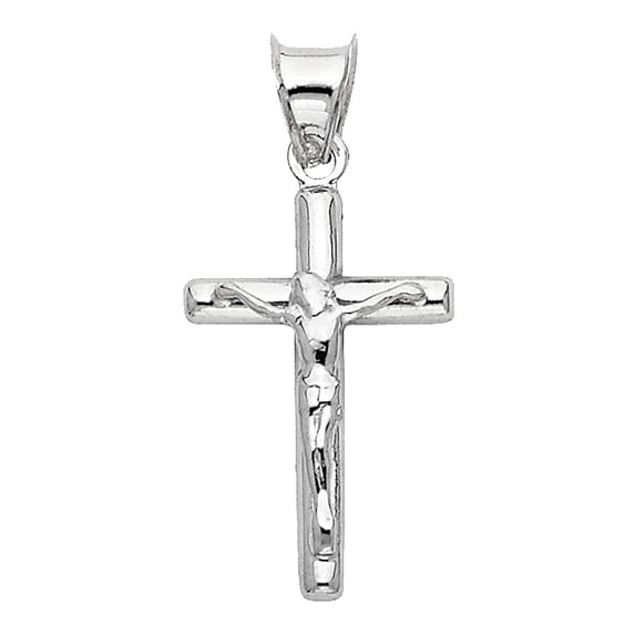 14K White Gold Crucifix Cross Charm Pendant - Jesus Christ Engraving with Polished Finish - Unique & Beautifully Crafted Fine Jewelry - Perfect for Men & Women for All Occasions, 20 x 12 mm, 0.7 gms