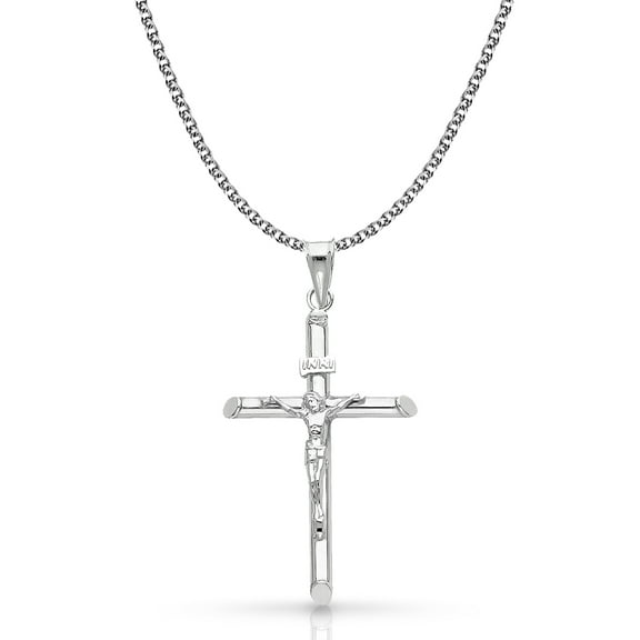 14K White Gold Crucifix Cross Pendant with 1.4mm Flat Open Wheat Chain Chain Necklace - 16"