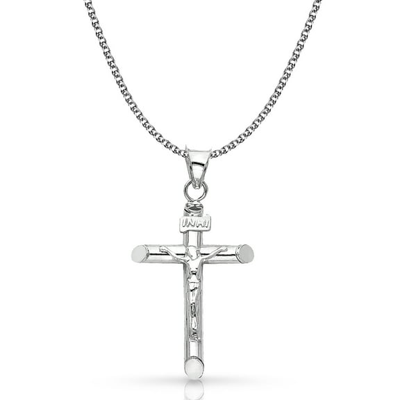14K White Gold Crucifix Cross Pendant with 1.4mm Flat Open Wheat Chain Chain Necklace - 18"