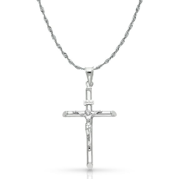 14K White Gold Crucifix Cross Pendant with 2mm Rope Chain Chain Necklace - 20"
